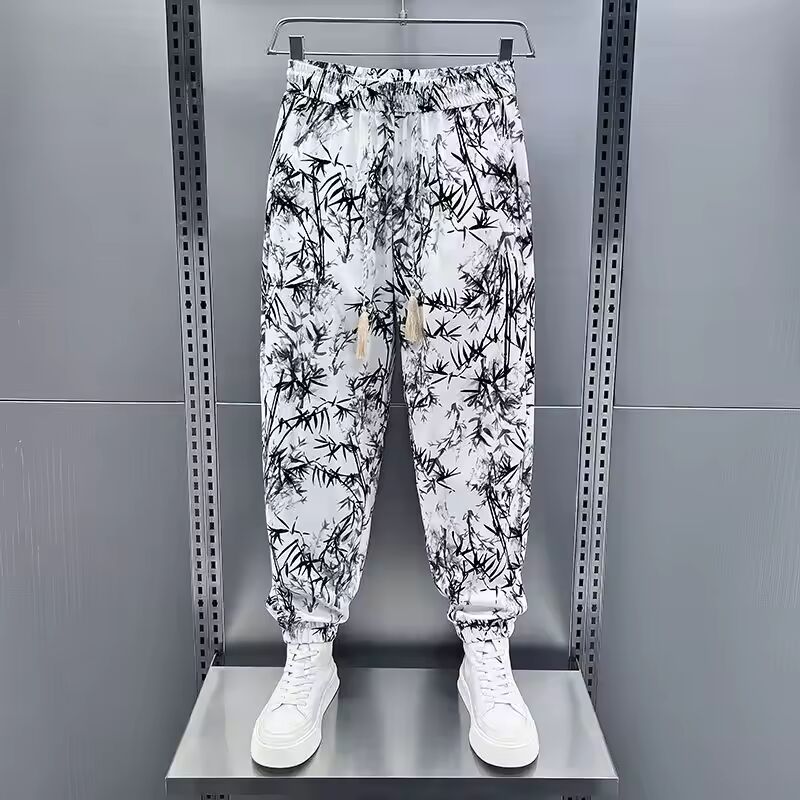 Breathable and Cool Summer Drooping Loose Casual Men's 2025 New Style Tying Versatile Printed Nine-point Pants