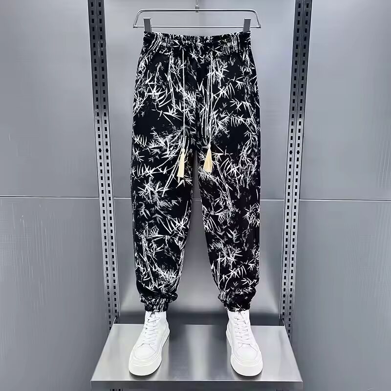 Breathable and Cool Summer Drooping Loose Casual Men's 2025 New Style Tying Versatile Printed Nine-point Pants