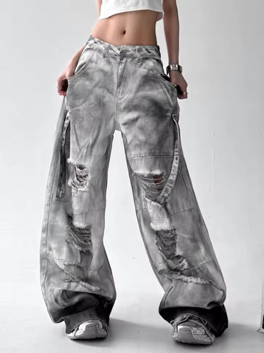 2025 Cyber Y2K Grunge Dirty Washed White Baggy Stacked Ripped Jeans Pants For Women Clothing Wide Leg Old New Rock Lady Trousers