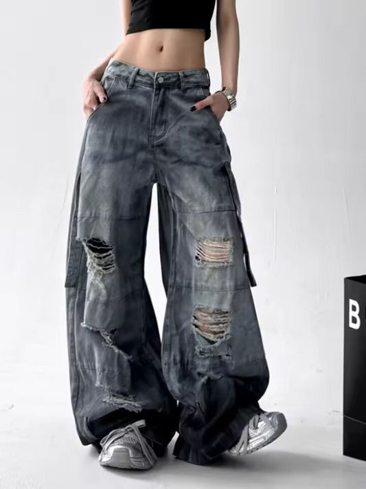 2025 Cyber Y2K Grunge Dirty Washed White Baggy Stacked Ripped Jeans Pants For Women Clothing Wide Leg Old New Rock Lady Trousers