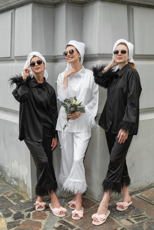 Feather Silk Pajamas Bridal Pajamas Bridesmaid Pyjamas Feathers, Satin Pyjama Set for Bride Women, Personalised Embriodery PJs Gift Her